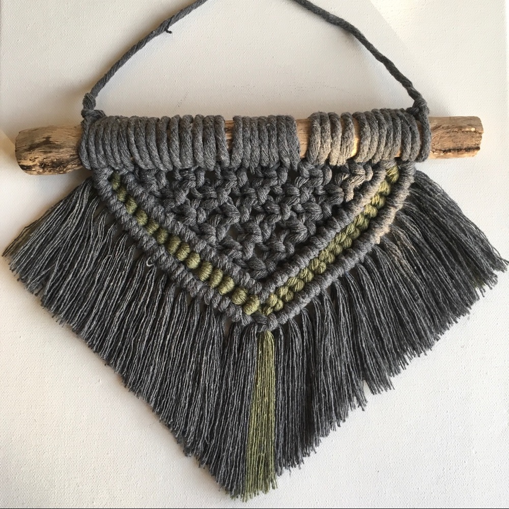 Handmade Macrame Wall Hanging Boho Gray and Green
